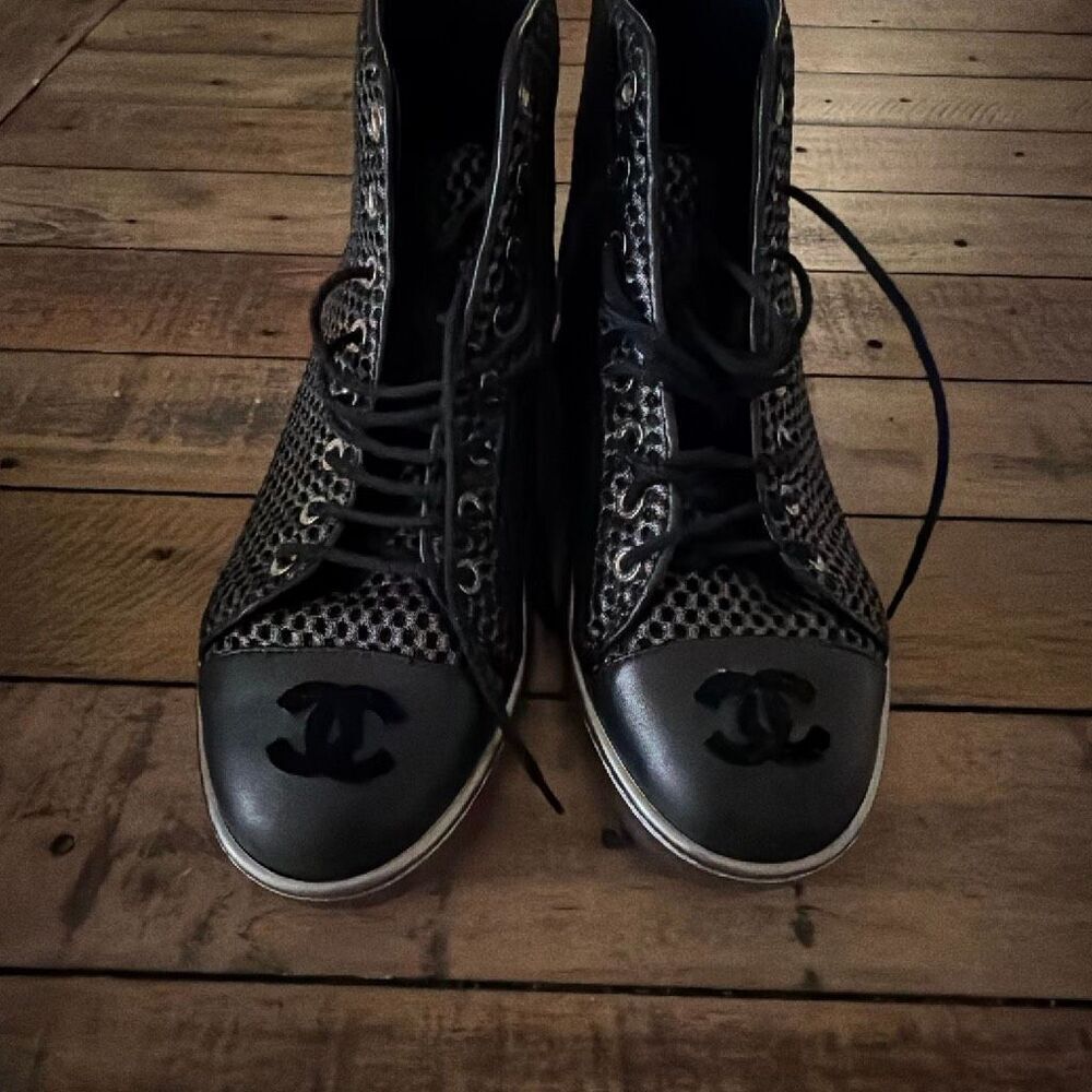 Chanel Black Mesh and Leather CC Cap Toe High Top Sneakers Size 36